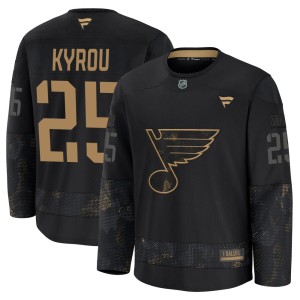 Jordan Kyrou Men's Fanatics St. Louis Blues Premium Black 2024 Military Appreciation Practice Jersey