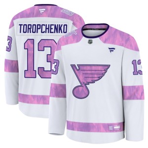 Alexey Toropchenko Men's Fanatics St. Louis Blues Premium White 2024 Hockey Fights Cancer Practice Jersey