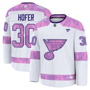 Joel Hofer Youth Fanatics St. Louis Blues Premium White 2024 Hockey Fights Cancer Practice Jersey