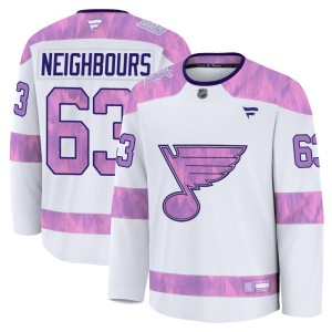 Jake Neighbours Youth Fanatics St. Louis Blues Premium White 2024 Hockey Fights Cancer Practice Jersey